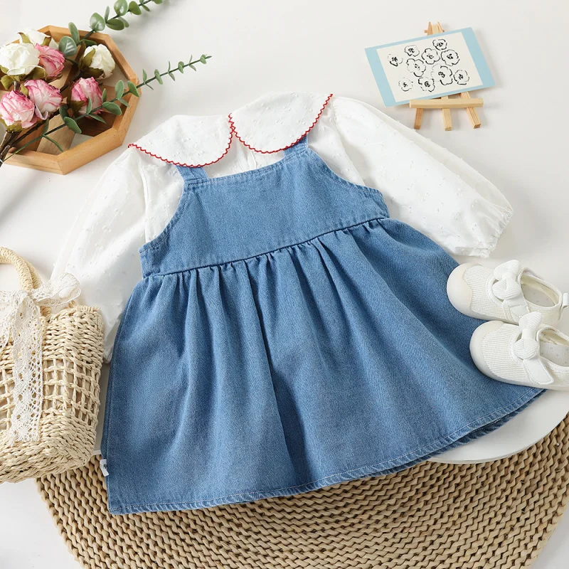 Kxkm-Girls' Spring and Autumn New Product Set Fashionable Princess Years Old Denim Suspender Pants Dress Two-Piece Set