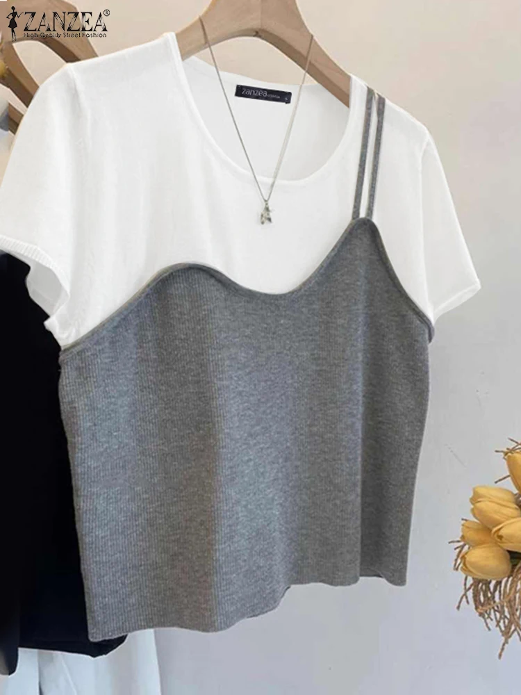 

ZANZEA Fake Two-piece T-Shirts Women Summer Shirts 2025 Fashion Casual Tops Color Patchwork Short Sleeve Tshirt O-Neck Tunic Tee