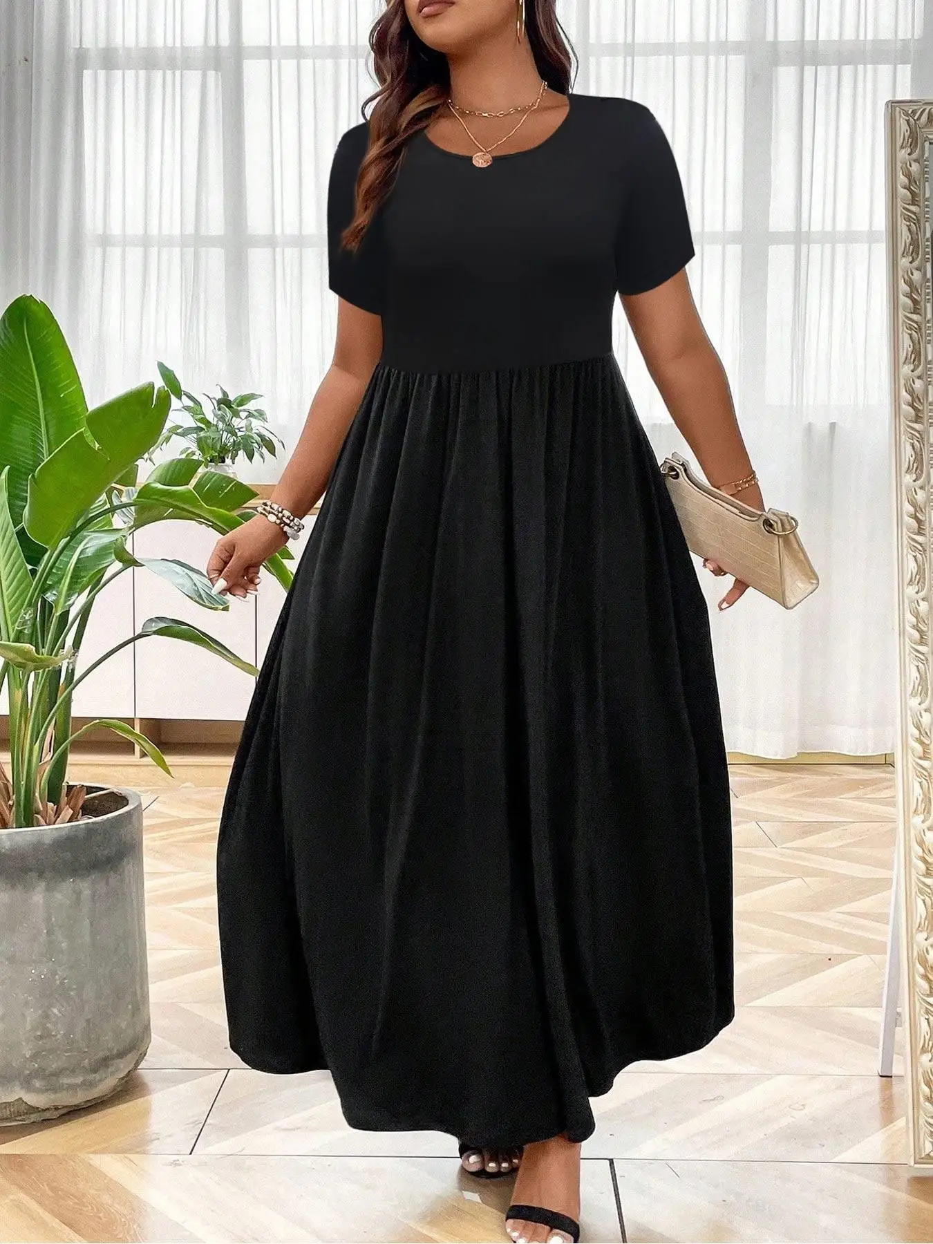 

【Plus Size】 Solid Color Round Neck Dress, Casual Fashion Long Dress for Daily Outdoor Wear, Women Plus Clothing for All Seasons