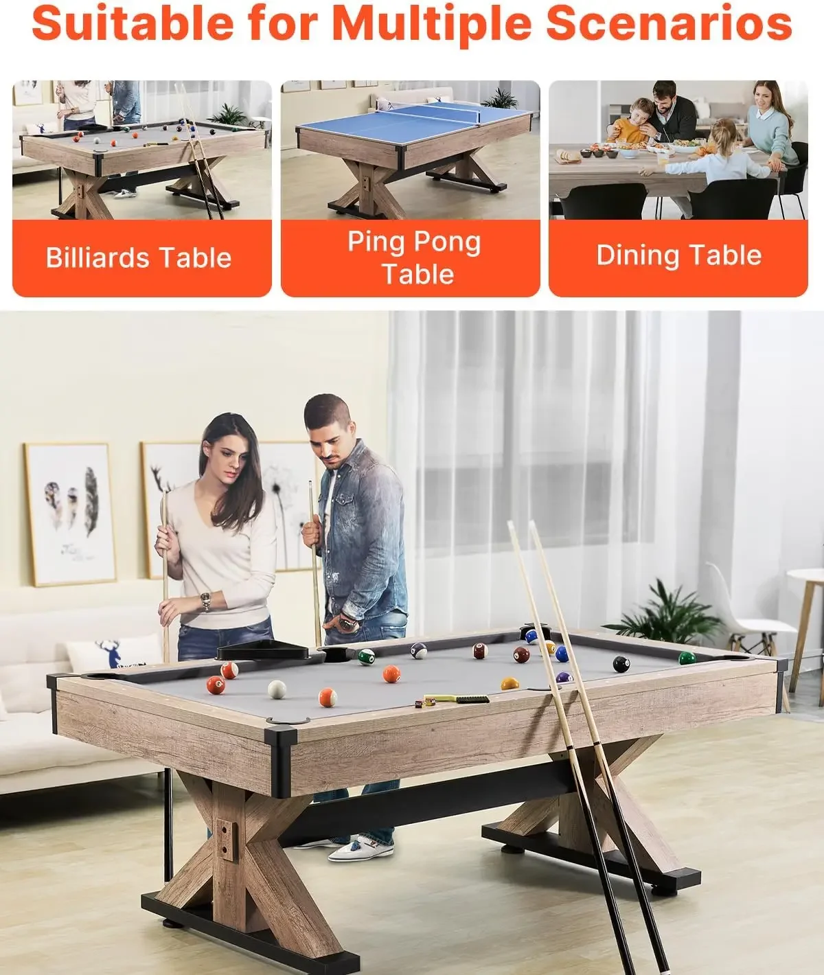 7ft 3-in-1 Multi Game Table with Dining, Pool, and Tennis Table, for Family Game Room Adults, Includes Full Set of Accessories