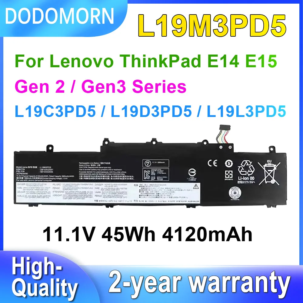 DODOMORN L19M3PD5 Laptop Battery For Lenovo ThinkPad E14 E15 Gen 2 3 L19C3PD5 L19D3PD5 L19L3PD5 SB10X02591 11.1V 45Wh 4120mAh