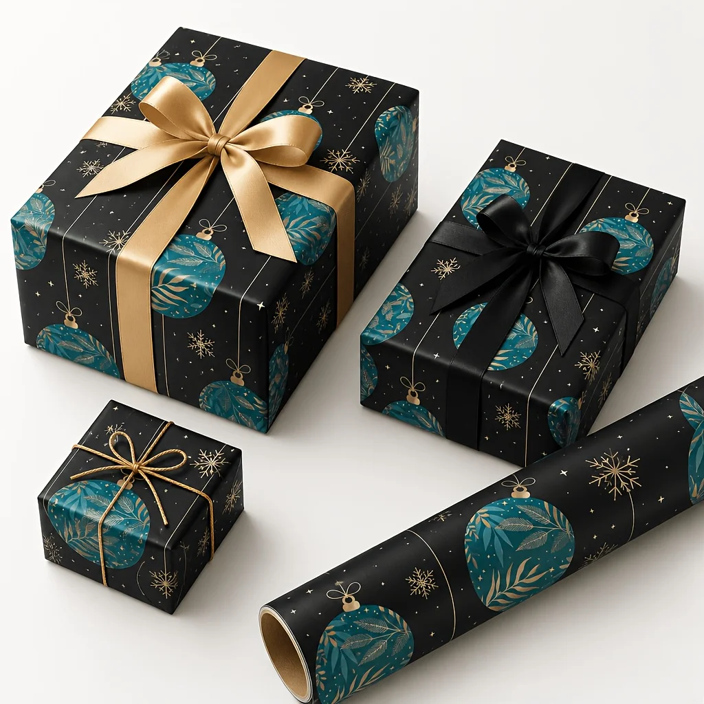 Black Golden Christmas Ball Snowflake Gift Wrapping Paper Roll Thickened New Year Wrapping Paper For Xmas Winter Holiday Party.