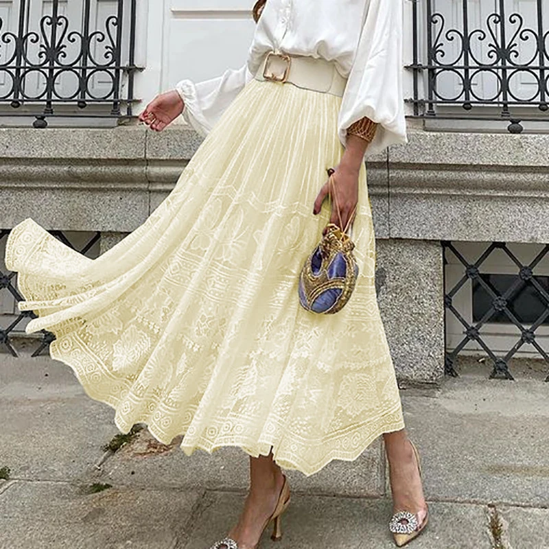 

Fashion High Waist White Pleated Long Skirts Female Casual Jacquard A-line Mesh Skirt Elegant High Street Big Hem Loose Skirts