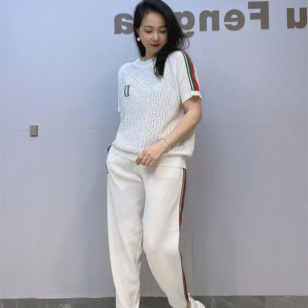 2024 Summer Women Two-piece Set Shiny Letters Hot Drilling Short Sleeve T-shirt Top + Casual Harem Pants Knitted Suits