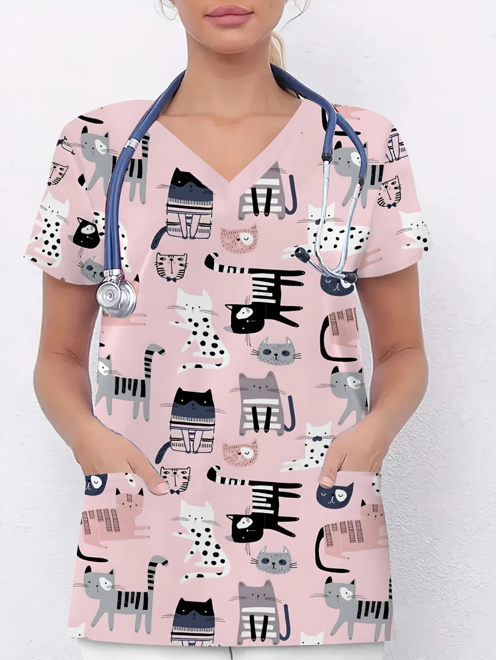 

Clinical Uniform Woman Pet V-Neck Pocket Work Cute Cat Print Spa Health Expert Nursing Fashion Short Sleeve Scrubs Uniform Woman