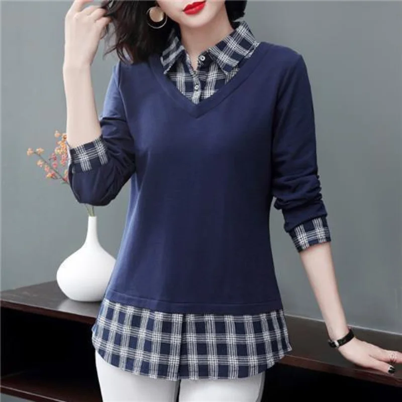 Women\'s Clothing T-shirt Polo-Neck Long Sleeve Spring Autumn Fake Two Pieces Office Lady Elegant Plaid Button Spliced Pullovers