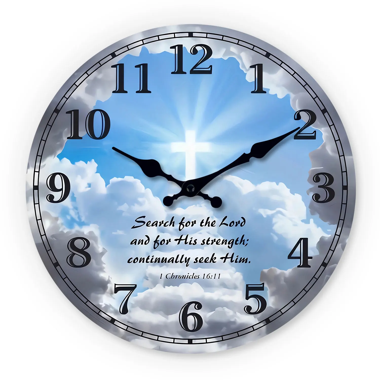 Cross Bible Verse Blue Background Wooden Wall Clock, 10-14inch Silent Wall Clock, Aa Battery Powered, Suitable for Living Room, Bedroom, Church, Valentine's Day, Ramadan, International Women's Day, (No Battery)