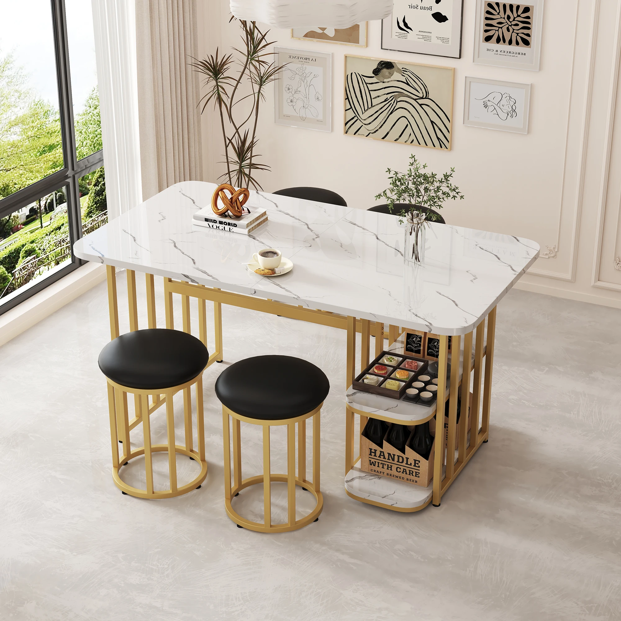 VSOGA dining table set, dining table and 4 chairs, kitchen table set with steel frame, storage space, 140x80x75 cm, white, gold