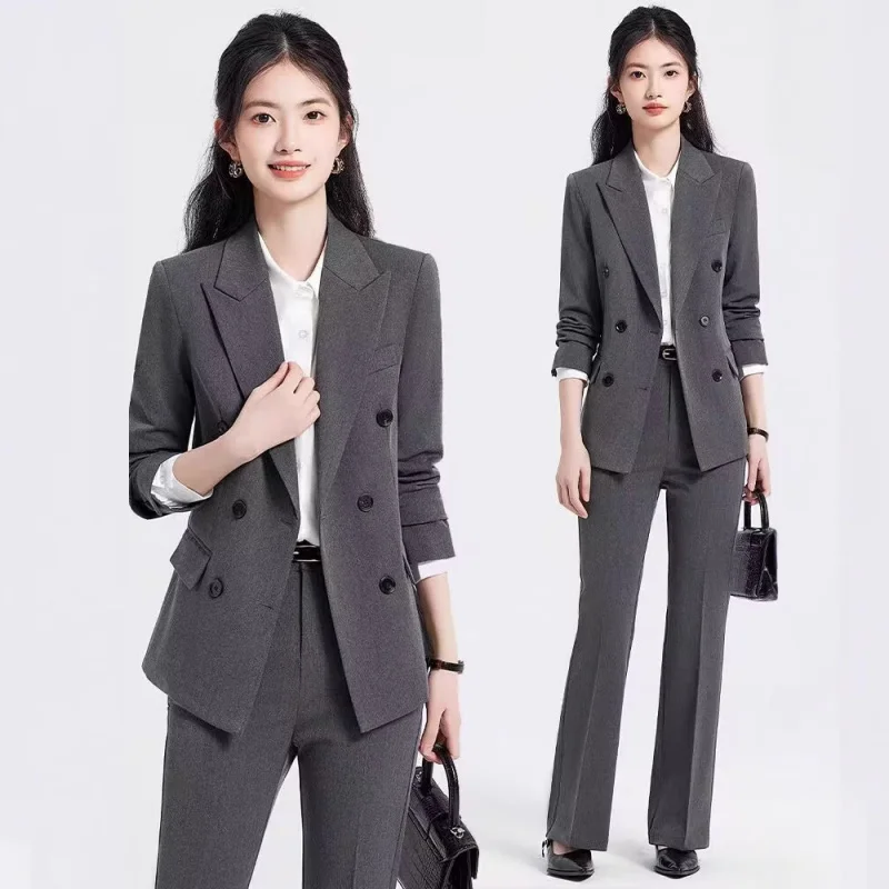

Серый весенне-осенне-зимний новый маленький пиджак с длинными рукавами и воротником, женские брюки, профессиональный комплект из двух предметов, элегантный комплект для поездок на работу
