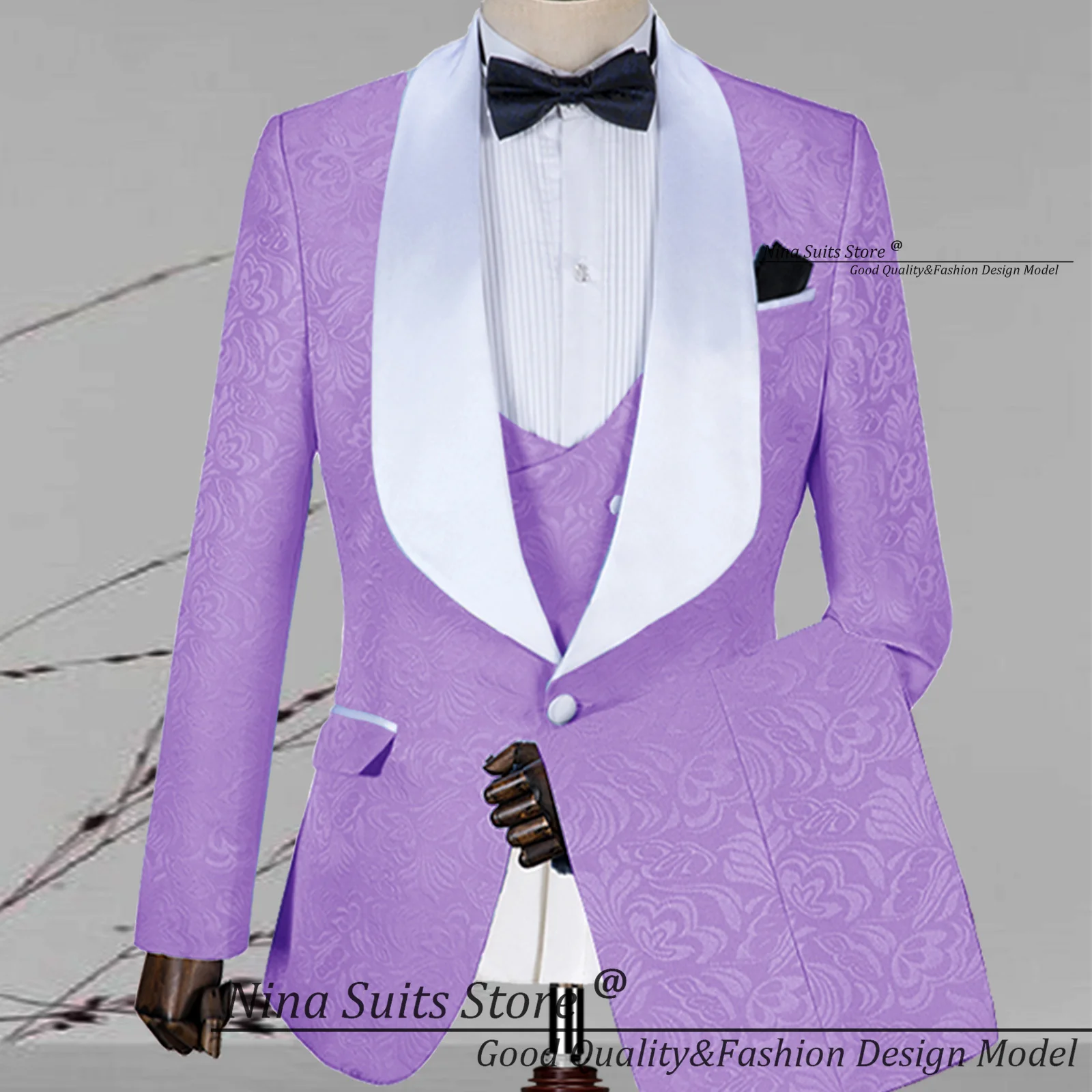 

G&N Light Purple Paisley Jacquard Suit 3-piece set 2026 Custom White Satin Collar Jacket and vest Pants Elegant Wedding Costume