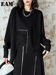 [EAM] Black Topstitched Irregular Hem Sweatshirt New Round Neck Long Sleeve Women Big Size Fashion Spring Autumn 2023 1DH7646