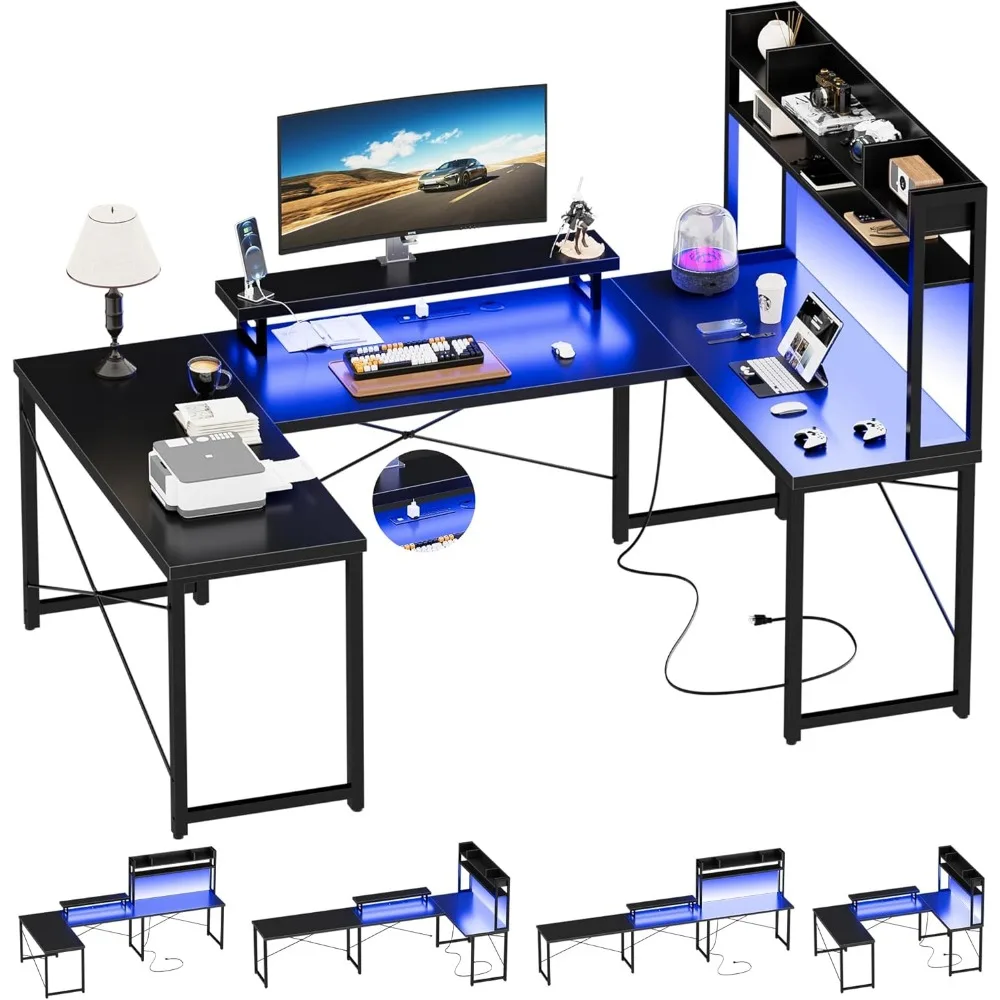 

U Shaped Desk with Hutch, Reversible L Shaped Computer Desk with Power Outlets and LED Strip, Large Office Table with Monitor