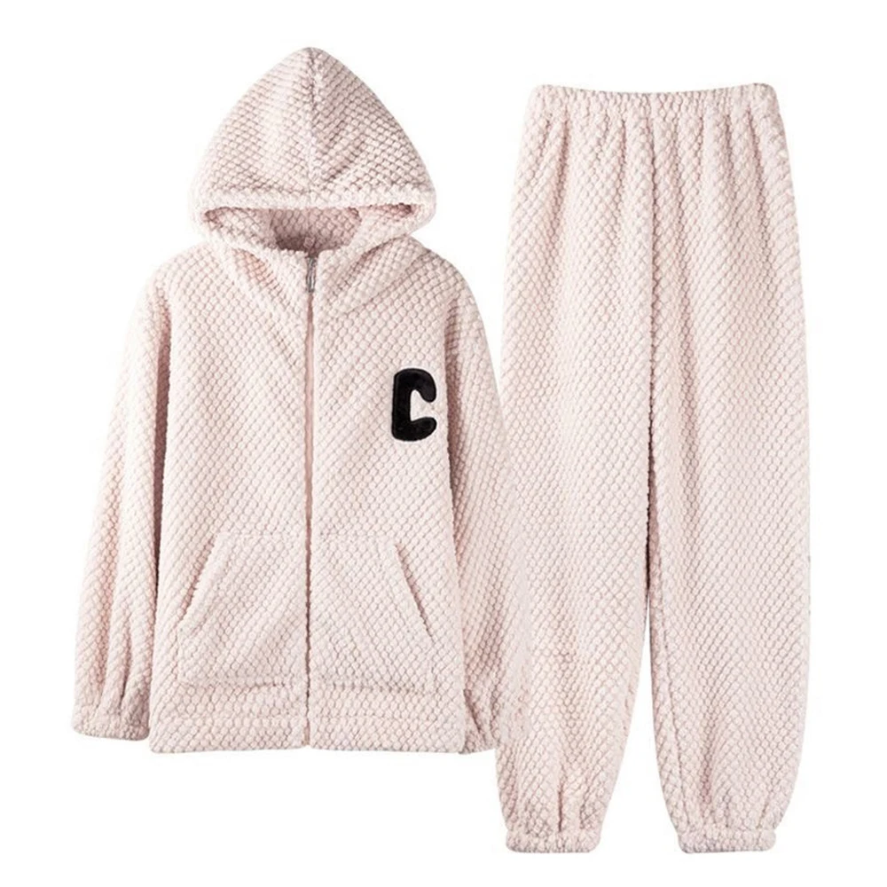 Warm Sleepwear for Winter Soft Coral Velvet Pajamas Set Women Long Sleeve Solid Color Zipper Hooded Top Trousers Home Suit Set