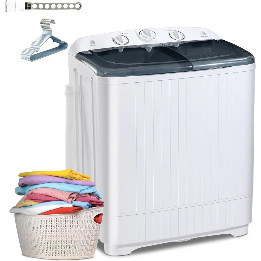 Portable 22 lbs Twin Tub Washing Machine with Drying Rack 13 lbs Washer Mini Compact Laundry Machine and 9 lbs Spinner Semi-aut