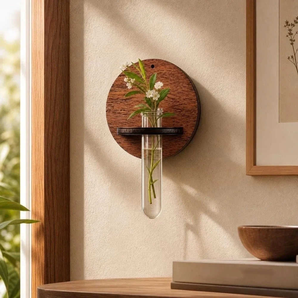 Flower Holder Wooden Hydroponic Planter Shelf Vase Retro Wall Mounted Planter Round Home Ornaments Planter Holder Indoor Garden