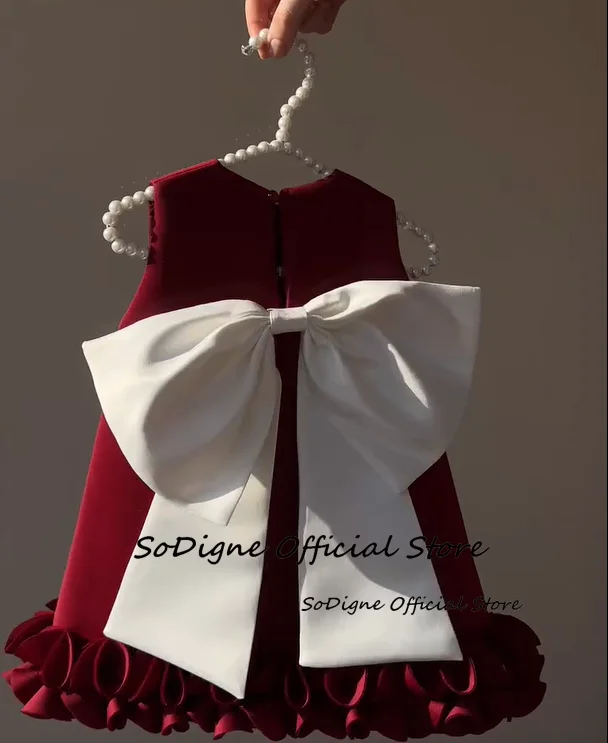 SoDigne A-line Short Flower Girl Dress O-neck Sleeveless Satin Princess Kid Gown Birthday Party Dresses with Bow Customized ﻿ image 3