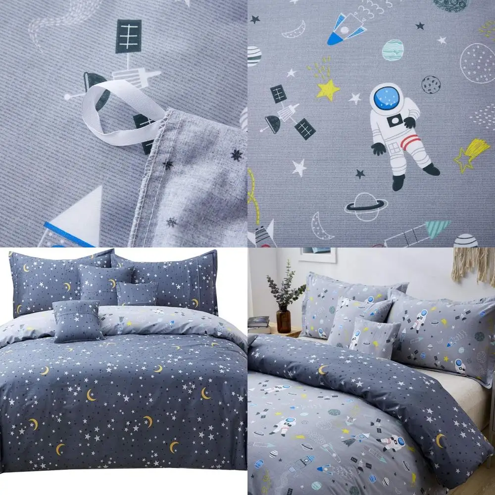 

Grey Twin Size Cotton Astronaut Themed Duvet Cover Set with Reversible Design and Zipper Closure