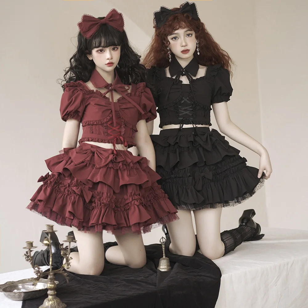 New Split Style Lolita Spicy Girls Short Sleeve Top Sk Half Skirt Set Red Black Dresses Kawaii Party Dress