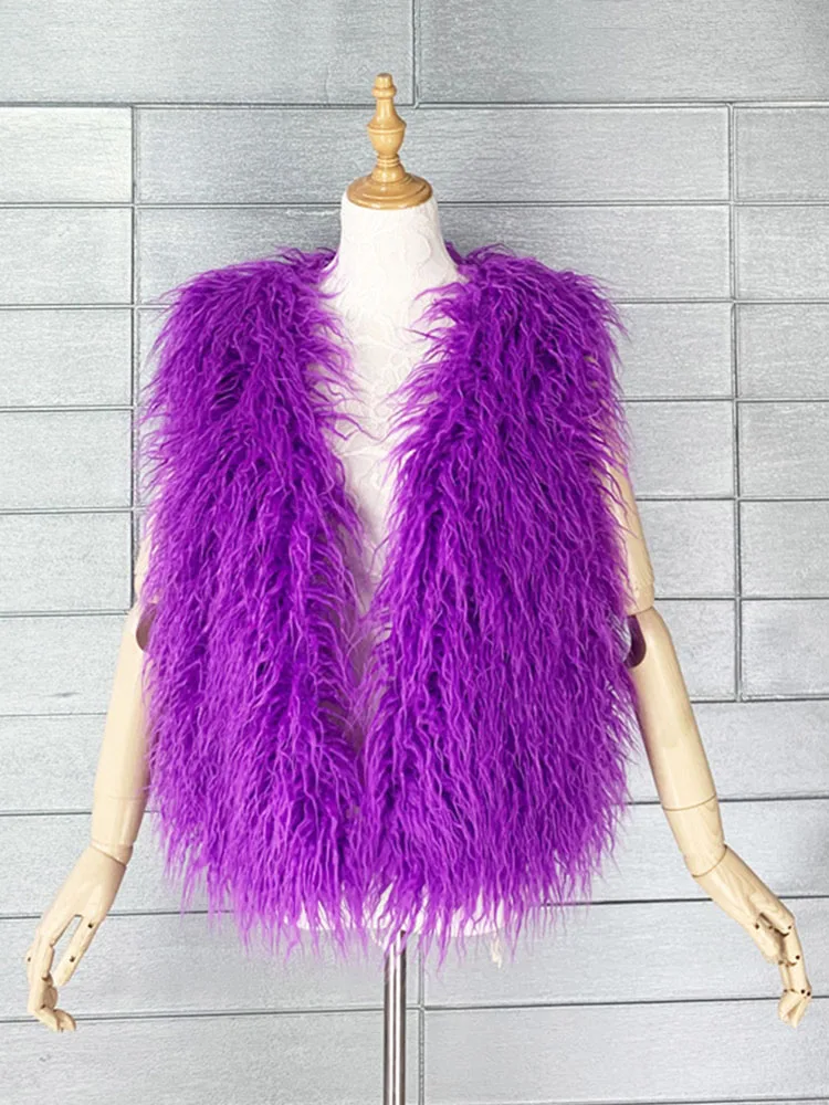 2023 Fashion Colorful Mongolia Sheep Fur Jacket Women Winter FAUX Fur Vest Female Warm Sleeveless Faux Fur Coat Vests