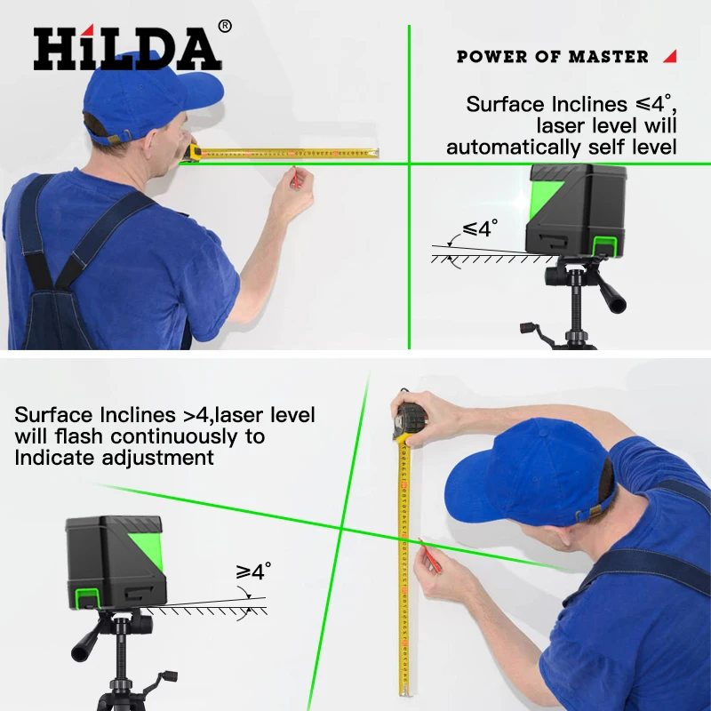 HILDA 2 Lines Laser Level Self Levelling Green Beams Laser Horizontal Vertical Cross Line Mini Laser Level