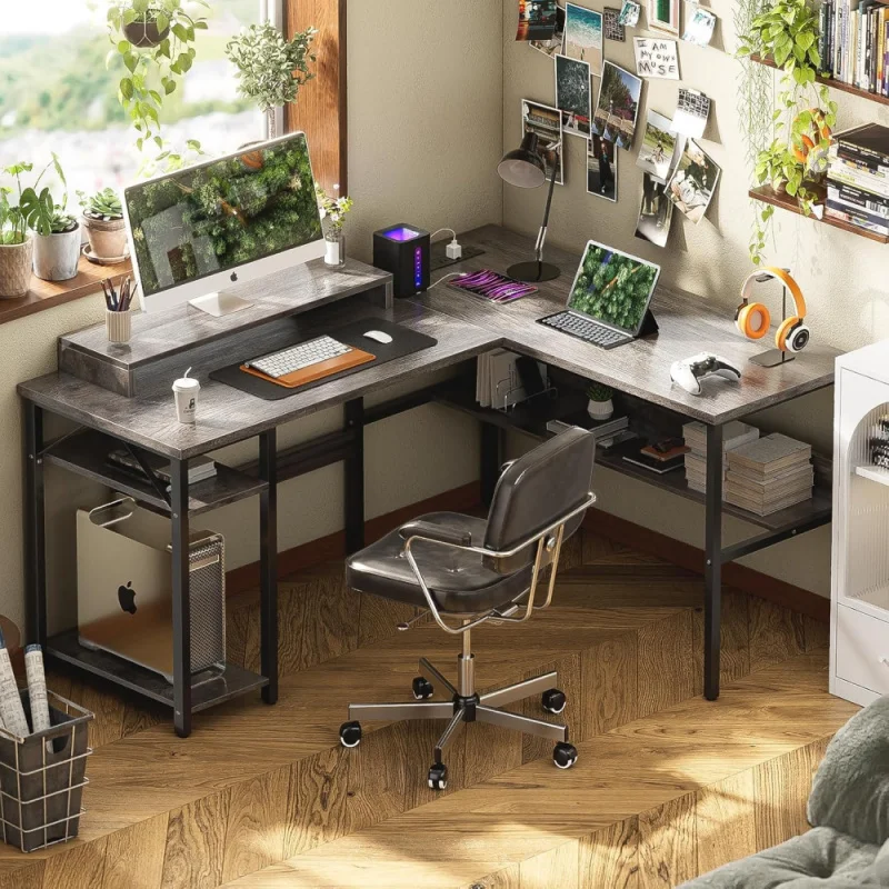 Reversible L Shaped Desk with Power Outlets and RGB LED Light, Sturdy Computer Desk with Ergonomic Monitor Stand and Storage