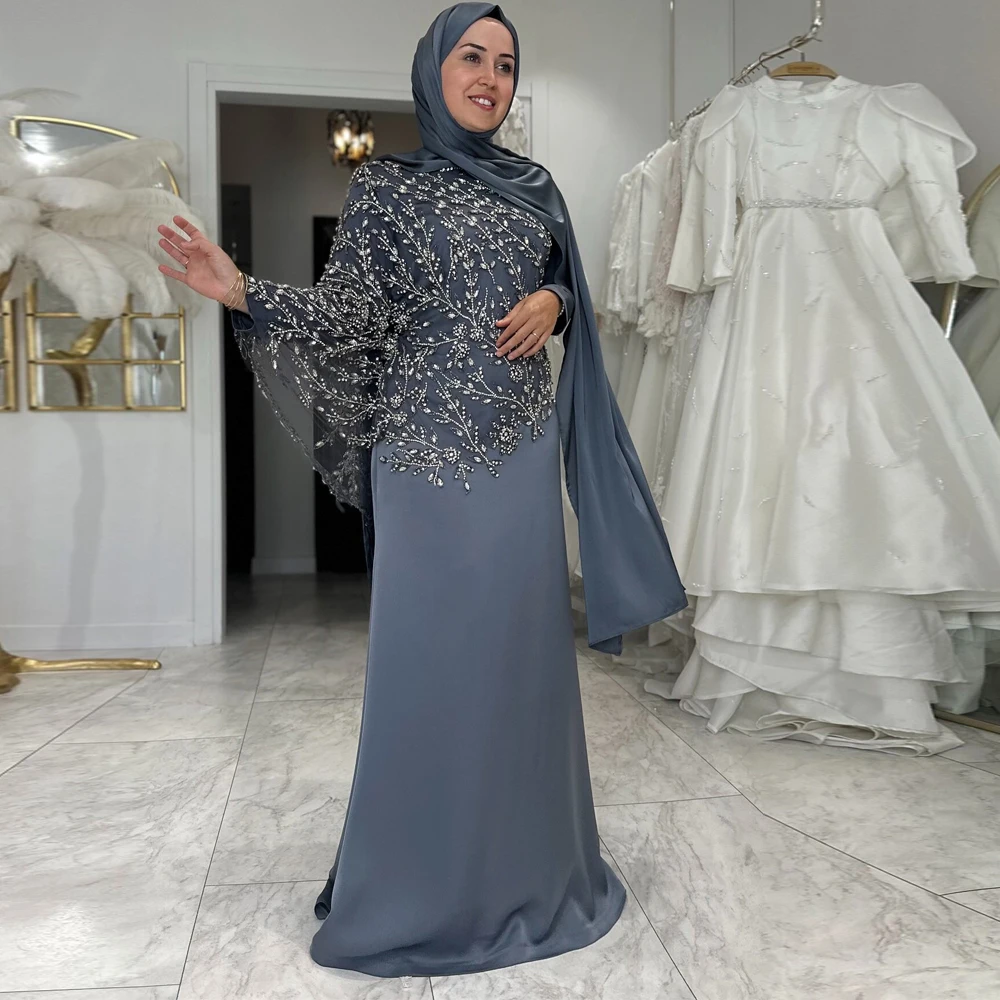

Индивидуальные бисерные украшенные вечерние платья в хиджабе с высоким воротом и длинными рукавами, мусульманское вечернее платье русалки, пыльно-синее платье Abiye