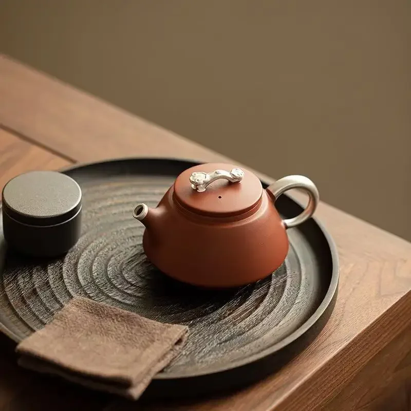 1PC 180ML Pure Handmade Silver Purple Clay Pot Ruyi Teapot Purple Sand TeaSet Zhu Ni Bionic Teapot Stone Ladle Pot KungFu TeaSet