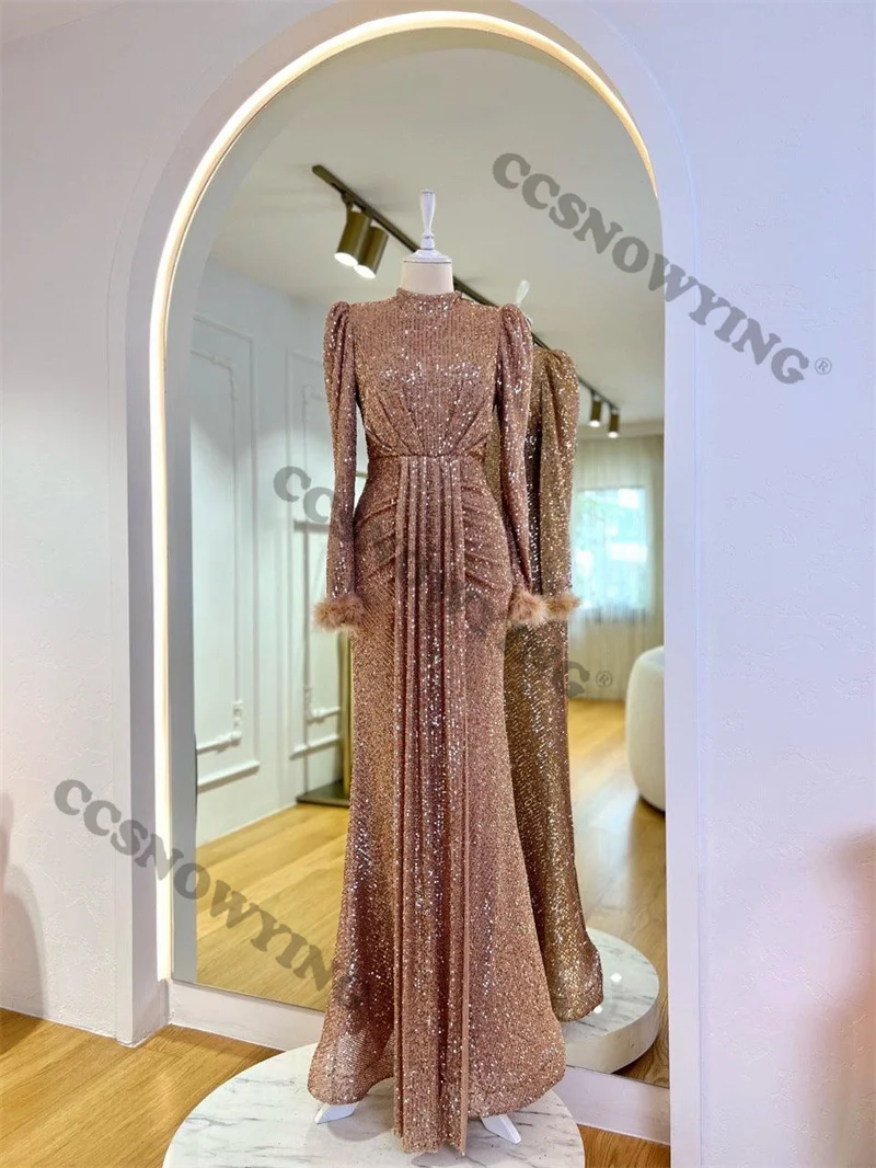 

Sparkly Sequin Beaded Feather Muslim Hijab Evening Dresses Arabic Dubai Long Sleeve Formal Party Gown Moroccan Caftan