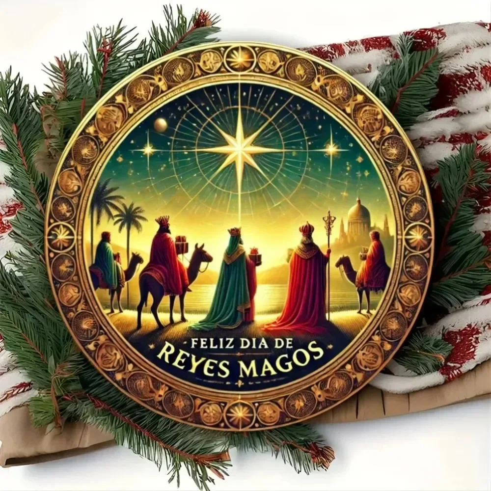 ReyesMagosDecorCo Placa Decorativa 2D para Colgar en la Pared - "Feliz Día de los Reyes Magos" Tema Navideño Decoración Multiusos de los Tres Reyes Magos