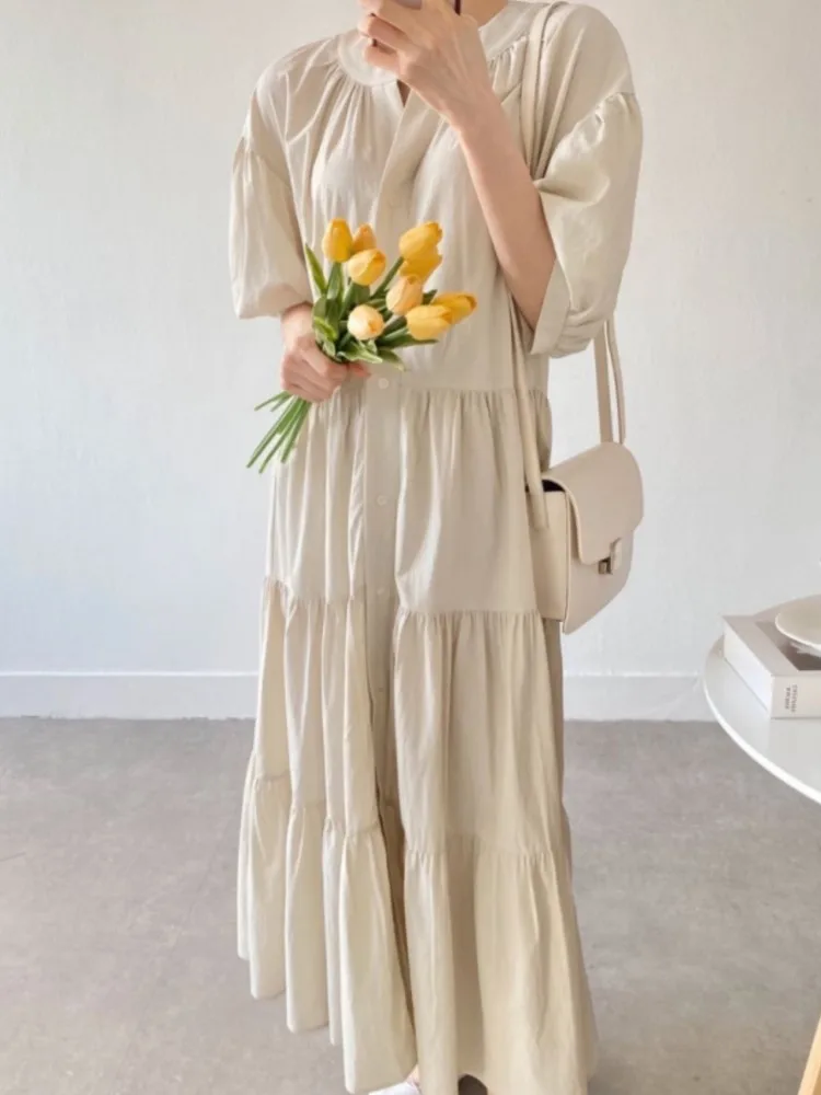 Sukienka damska letnia vintage oversize z bufiastymi rękawami, koreańska nowa, jednorzędowa, codzienna, luźna, długa sukienka damska, vestidos