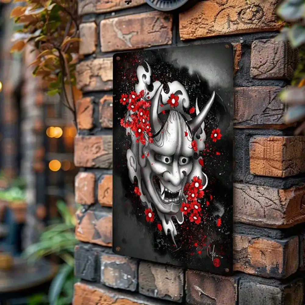 1 szt. Tabliczka Blaszana Japońska Maska Demona - Sztuka Samuraja do Dekoracji Salonu/Biura, Czerwone Kwiaty i Czarna Tematyka, 20x30cm