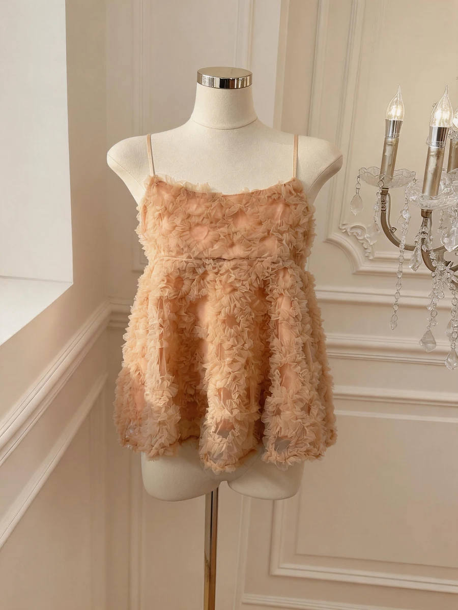 Top de encaje naranja y rosa para mujer, nuevo diseño único y hermoso, sin mangas, con hombros descubiertos, estilo muñeca, ajuste holgado, ideal para verano.