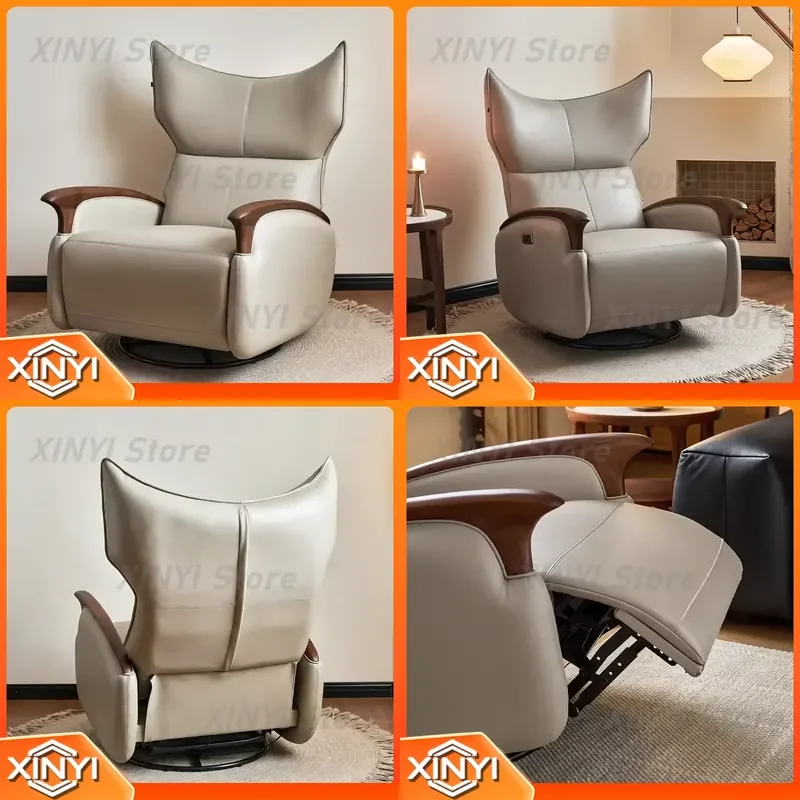 Electric Swivel Rocking Recliner Half-Leather with Oak Wood Armrests Power Reclining for Fendi Style Home Theater