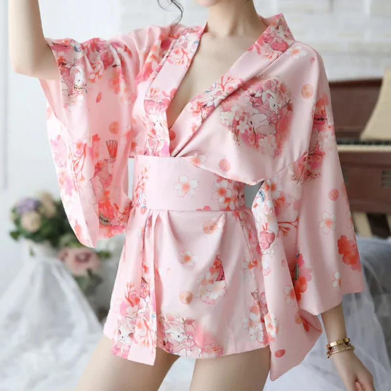 Sakura girl kimono dress Japanese style yukata bathrobe women floral print haori Japan uniform cosplay costume party short gown