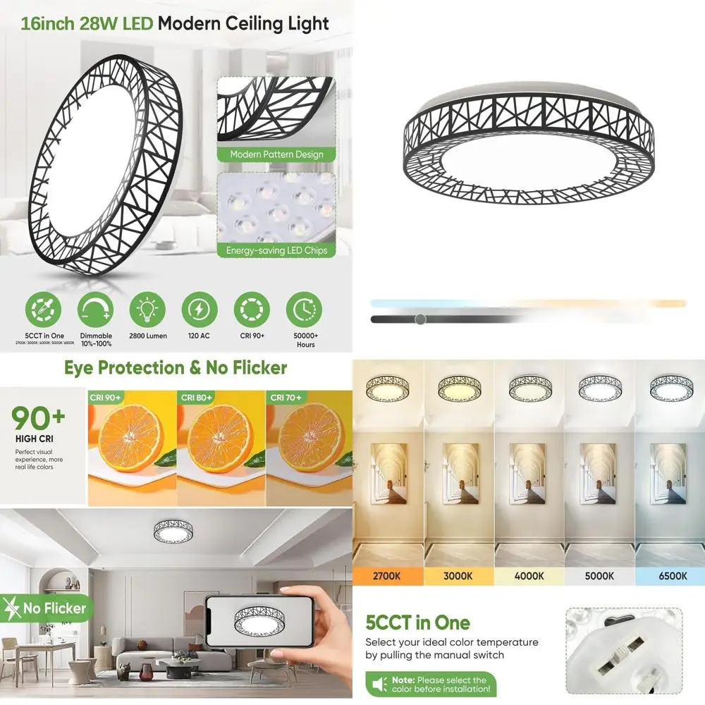 

Современный черный светодиодный потолочный светильник 16 дюймов, 28 Вт, 2800 лм, регулируемый, с регулировкой яркости, для спальни, кухни, прихожей, ванной комнаты, сертификат ETL