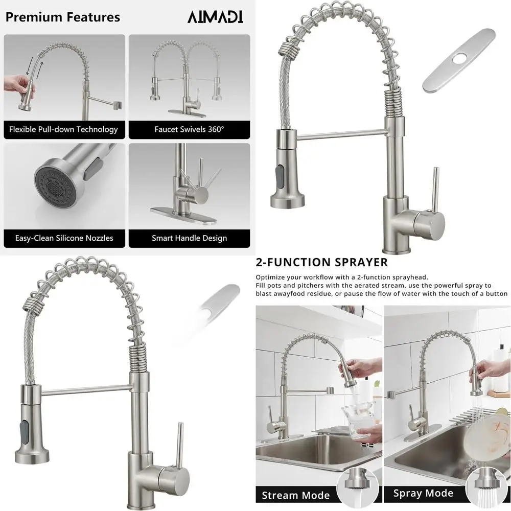 

Modern Single-Handle Pull-Down Kitchen Faucet with Deck Plate in Brushed Nickel Stainless Steel