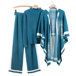 New Winter Warm Vintage Women's Tracksuit Knitted Fashion Jacquard Shawl Cape + Pullover Sweater + Wide Leg Pants 3 Piece Sets