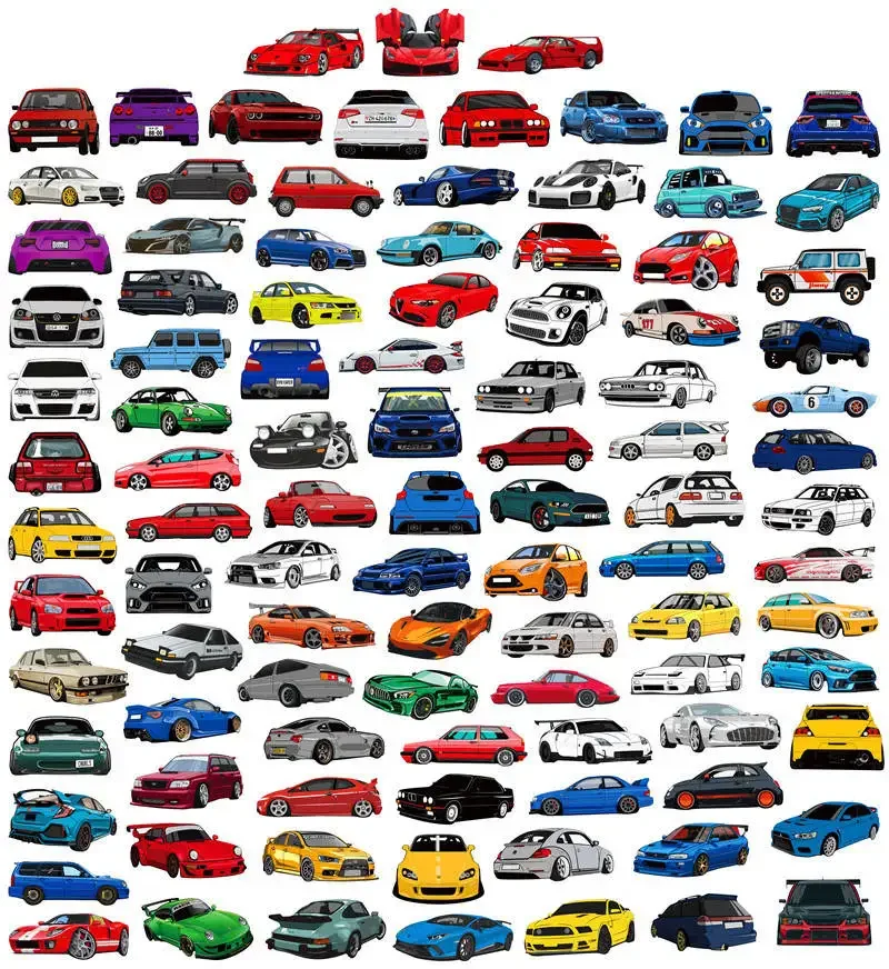 100Pcs Sports Car Stickers Racing Car Stickers Color Waterproof Stickers for Water Bottles Laptops Skateboard Comptuers