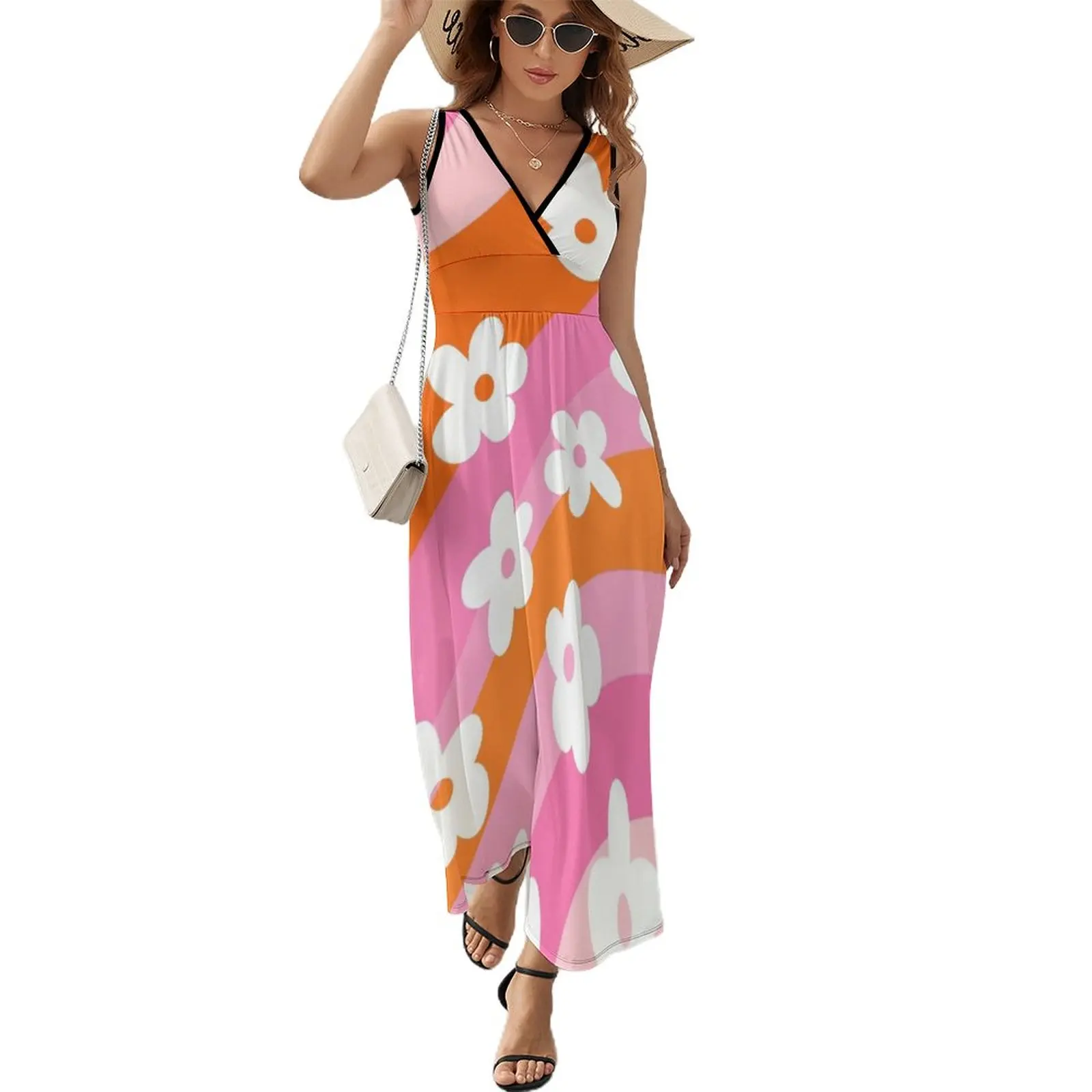 

Pink and Orange, Wavy, Groovy Flowers Pattern Sleeveless Dress dresses summer woman 2023 elegant guest wedding dress Prom gown