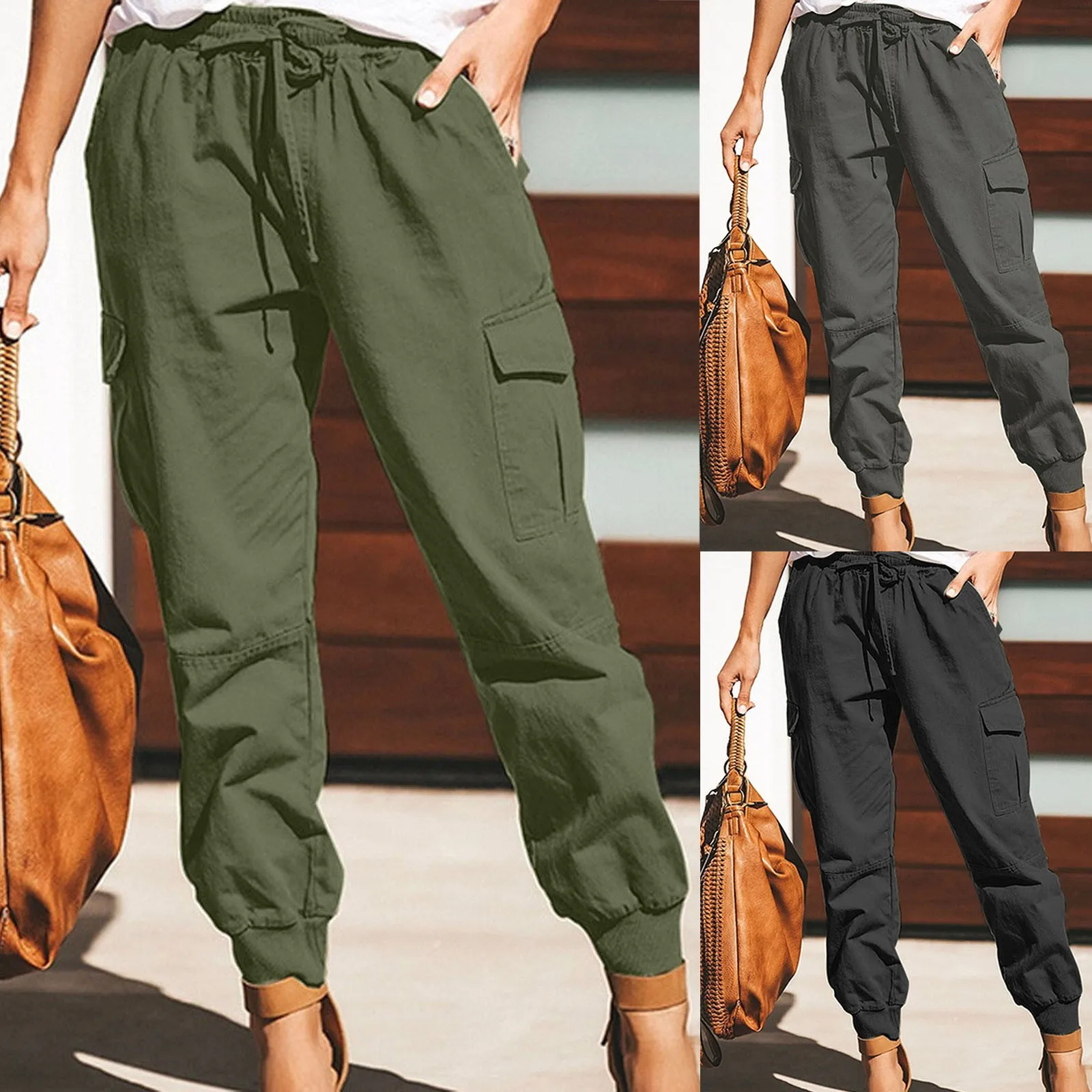 Women\'s Vintage Casual Pocket Cargo Pants Fashion Solid Color Loose Trousers Comfortable Drawstring Elastic Waist Loose Pants