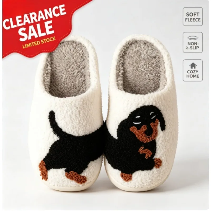 Winter Women's Slippers Cute and Interesting Cartoon Little Black Dog Indoor Warm Comfort Home Bedroom Soft Causal Plush Shoes