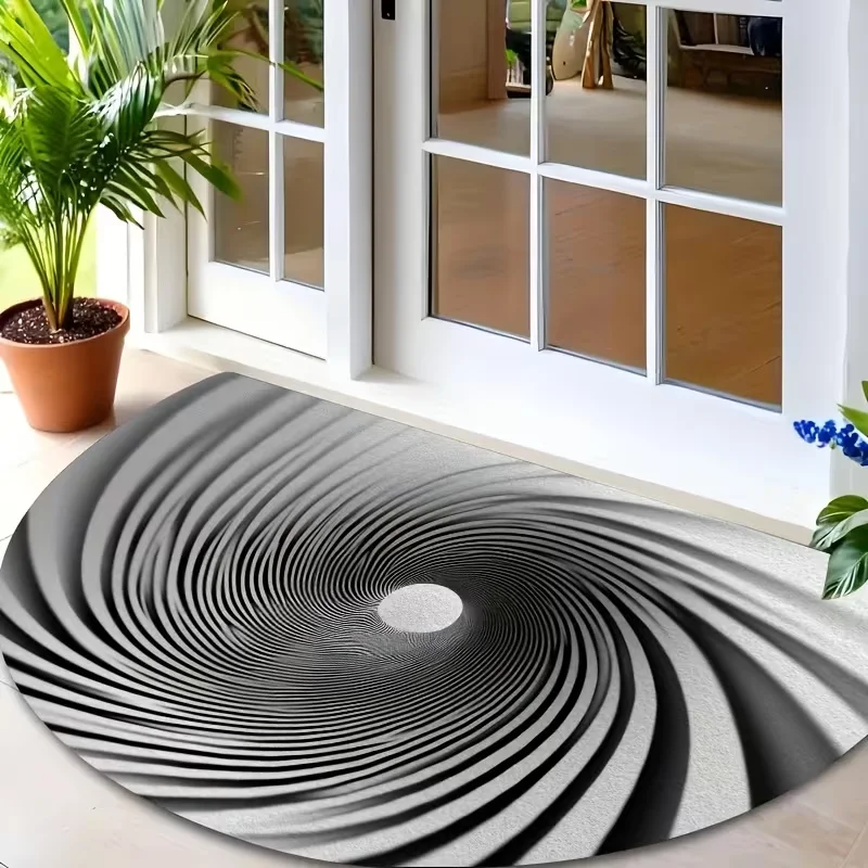 Modern Vortex Optical Illusion Semi-Circular Doormat Non-Slip Absorbent Soft Carpet Geometric Swirl Home Decor Entryway Rug