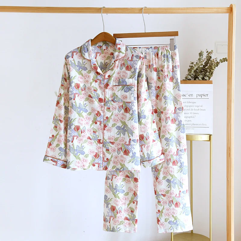 Spring/autumn Cotton Crepe Loungewear Long Sleeves Trousers Thin Loose Pajamas Women\'s Casual Plus-size Flower Print Sleepwear