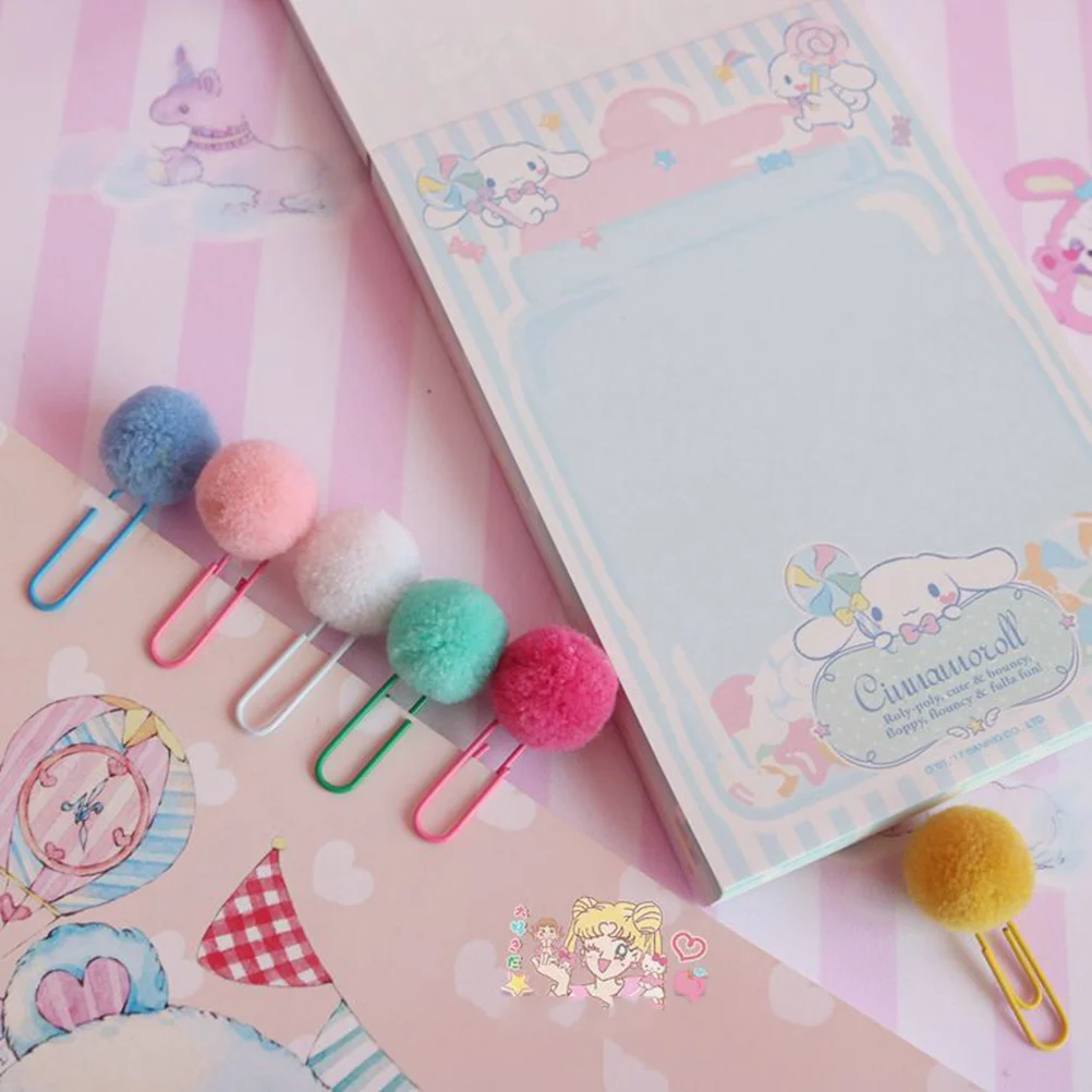 24 Pcs Plush Ball Bookmark Clip Metal Paper Clips Colored Hairball Small and Fresh