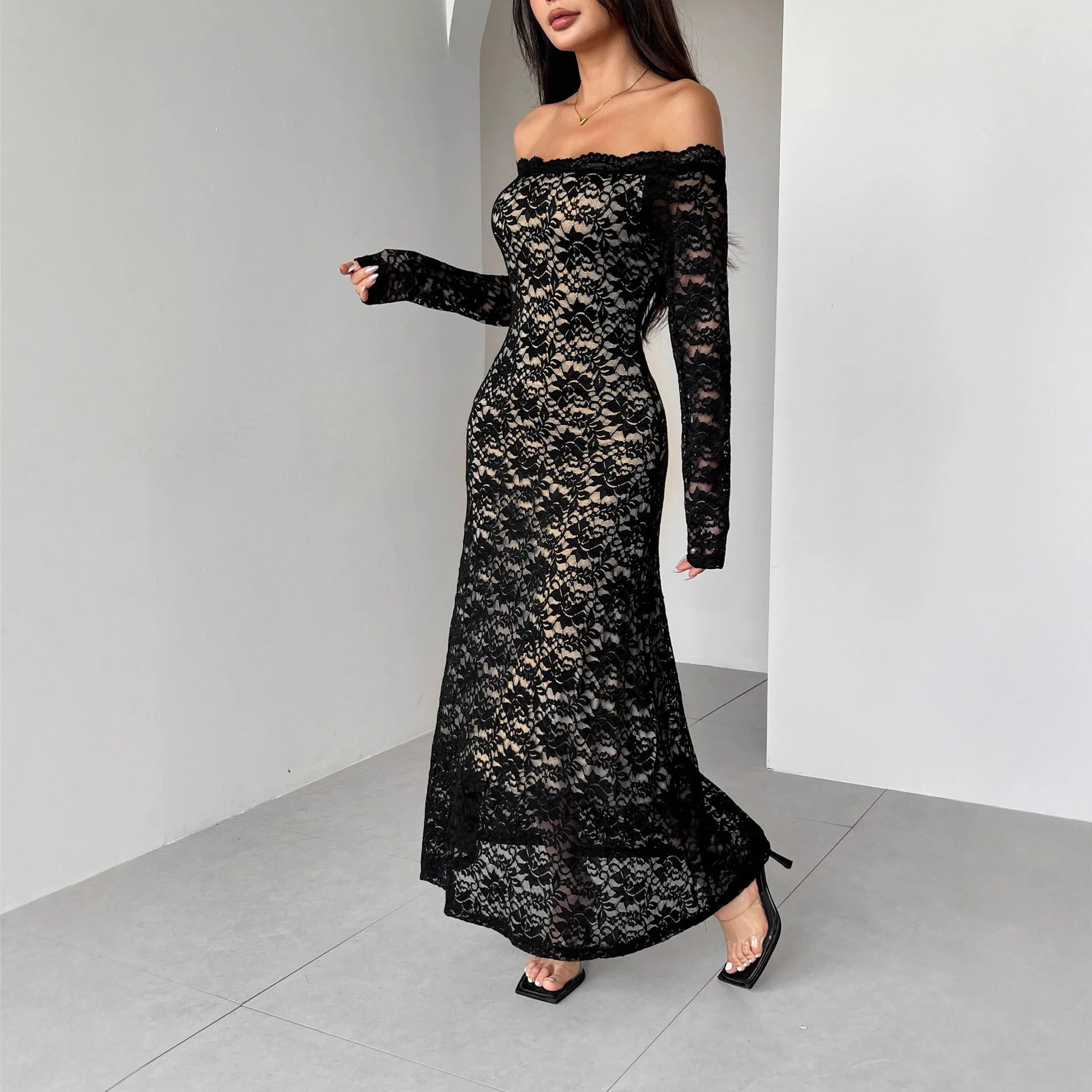 

Women's Black Lace Off-Shoulder Maxi Dress Spring Summer Long Sleeve Bodycon Formal Gown Elegant Evening Outfit Dating & Events