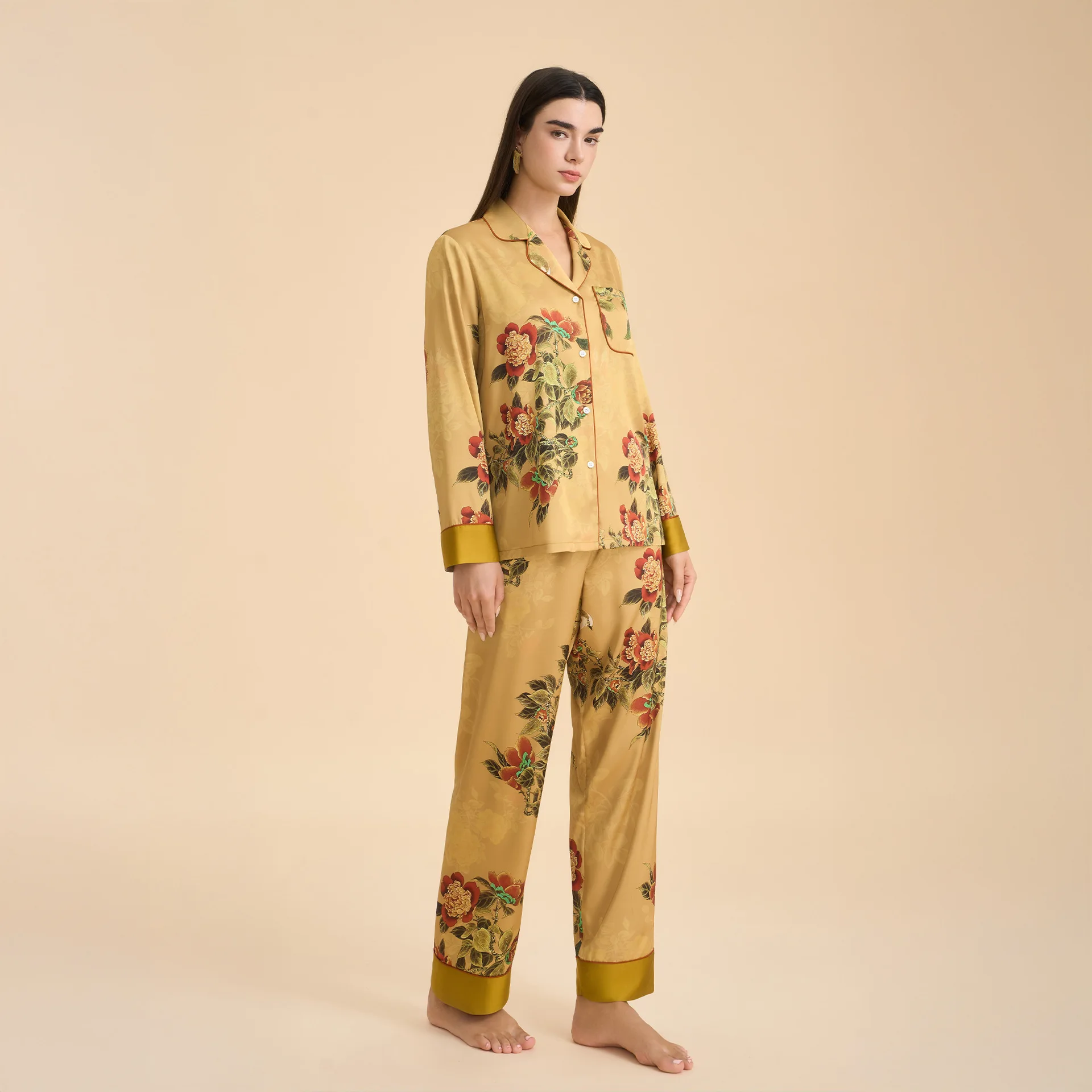 

Female 2PCS Pajamas Set Loungewear Sweet Girl Print Flower Sleepwear Long Sleeve Pijamas Silk Satin Homewear