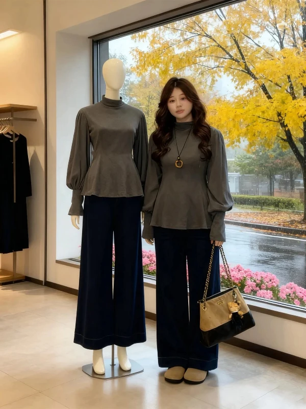 

plus Size Women's Fashion Design Long Sleeve Pleated Top Slimming Waist Inner Wear Base Shirt Korean Style Winter Season