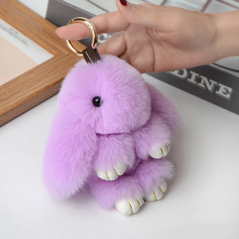 Rabbit Keychain Ring Fluffy Real Fur Pompon Bunny Trinket Key Chain Charm Cute Key Ring On Bag Car Key Pendant