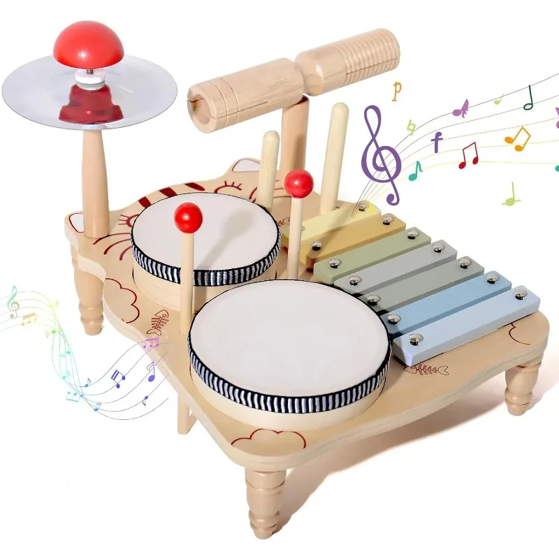 Multi Functional Drum Stand Music Tapping Montessori Wood Early Education Color Recognition Percussion Instruments Musical Toys