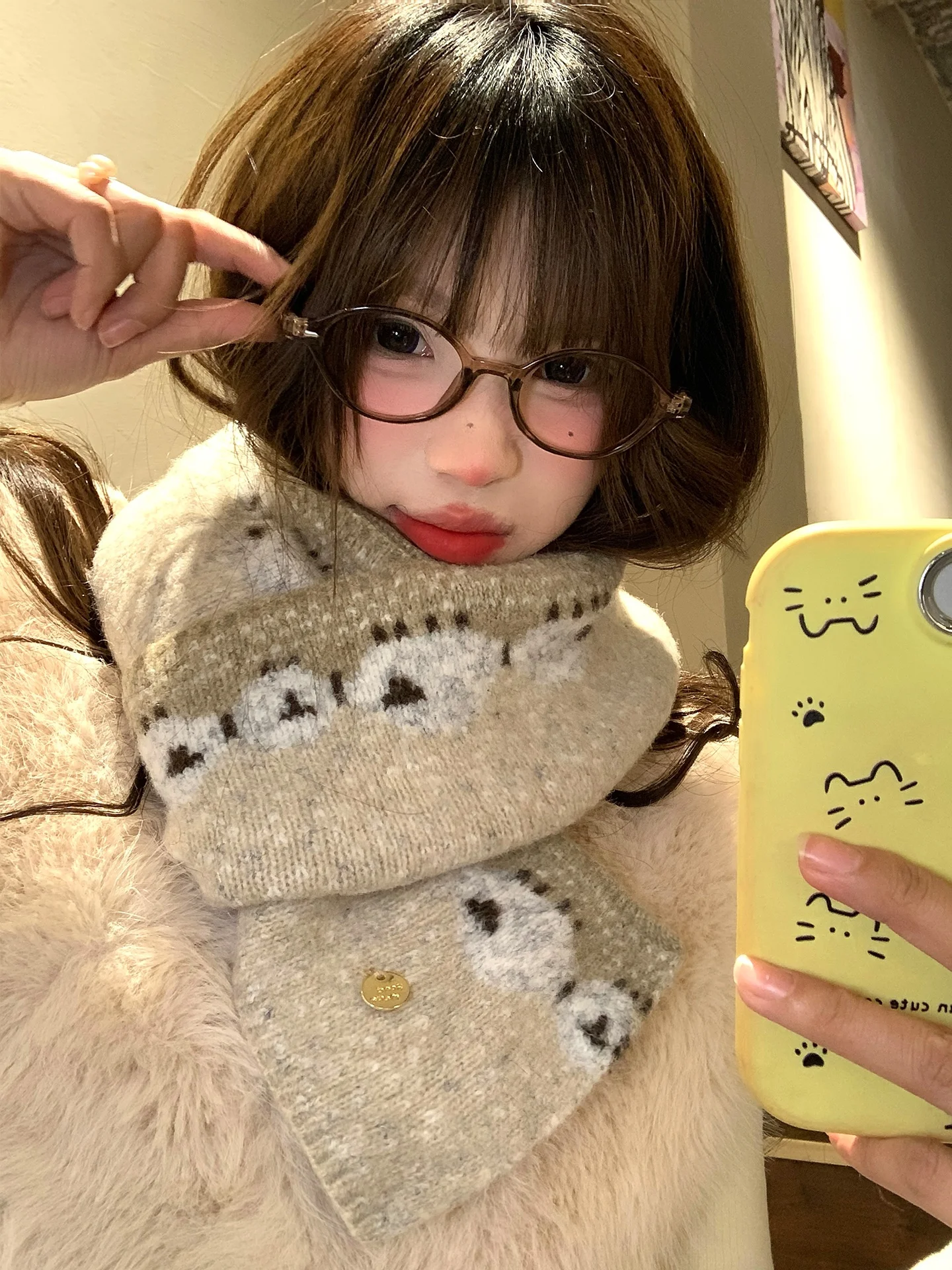 Warm Neck Protection Cute Knitted Scarf with Sheep Pattern for Women Winter New Style Fashionable Casual Long Rectangle Scarf